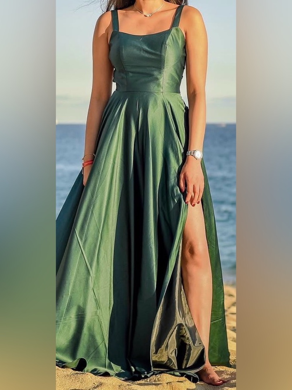 B Darlin Deep Green Backless Maxi Dress with High Slit